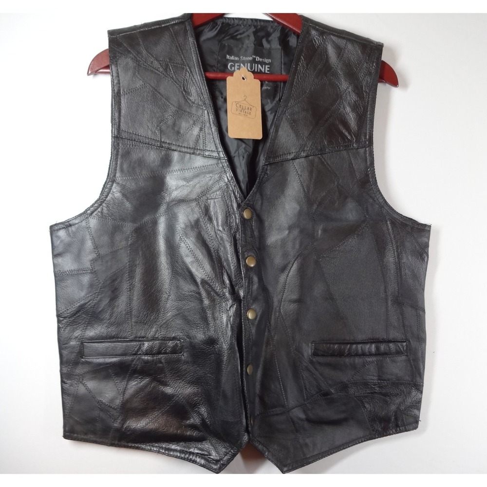 Navarre Italian Stone Design Leather Vest XL Black Patchwork Biker Moto Grunge